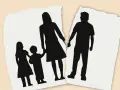 Silhouette di una famiglia divisa, con i genitori separati e i figli al centro, a simboleggiare i traumi dei figli di genitori separati.