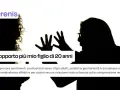 Silhouette di due persone, una con le mani alzate in segno di frustrazione. Testo: "Non sopporto più mio figlio di 20 anni".