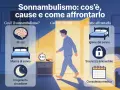 Il sonnambulismo può avere **cause psicologiche** come stress e mancanza di sonno. L'immagine illustra anche come affrontarlo con igiene del sonno e consulenza medica.