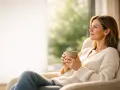 Donna con tazza, seduta in poltrona, guarda fuori dalla finestra. Vive in solitudine, godendosi un momento di pace.