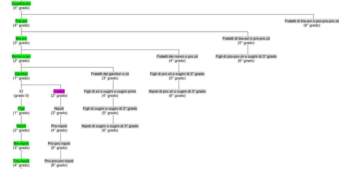 Diagramma che illustra i gradi di parentela: i cugini di secondo grado sono figli di zii o cugini primi, a 5° grado.