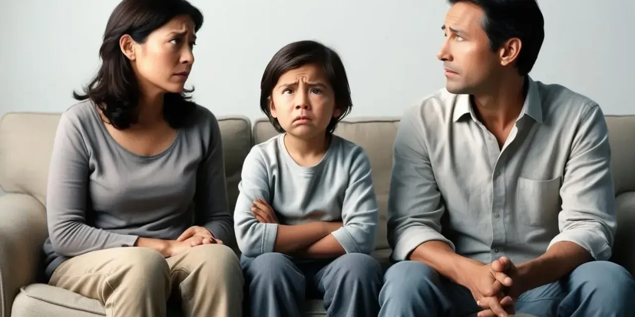 Bambino triste tra genitori separati, con cellulare in mano, che guarda in alto con espressione preoccupata.
