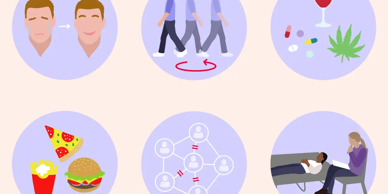 Illustrazione di un percorso di guarigione: da tristezza a felicità, da isolamento a connessione, da dipendenze a terapia. Un aiuto per chi lotta con il borderline.