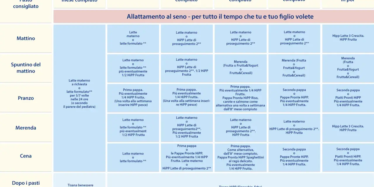 Schema alimentare per neonato 4 mesi: latte materno o formulato, pappe, frutta e yogurt.