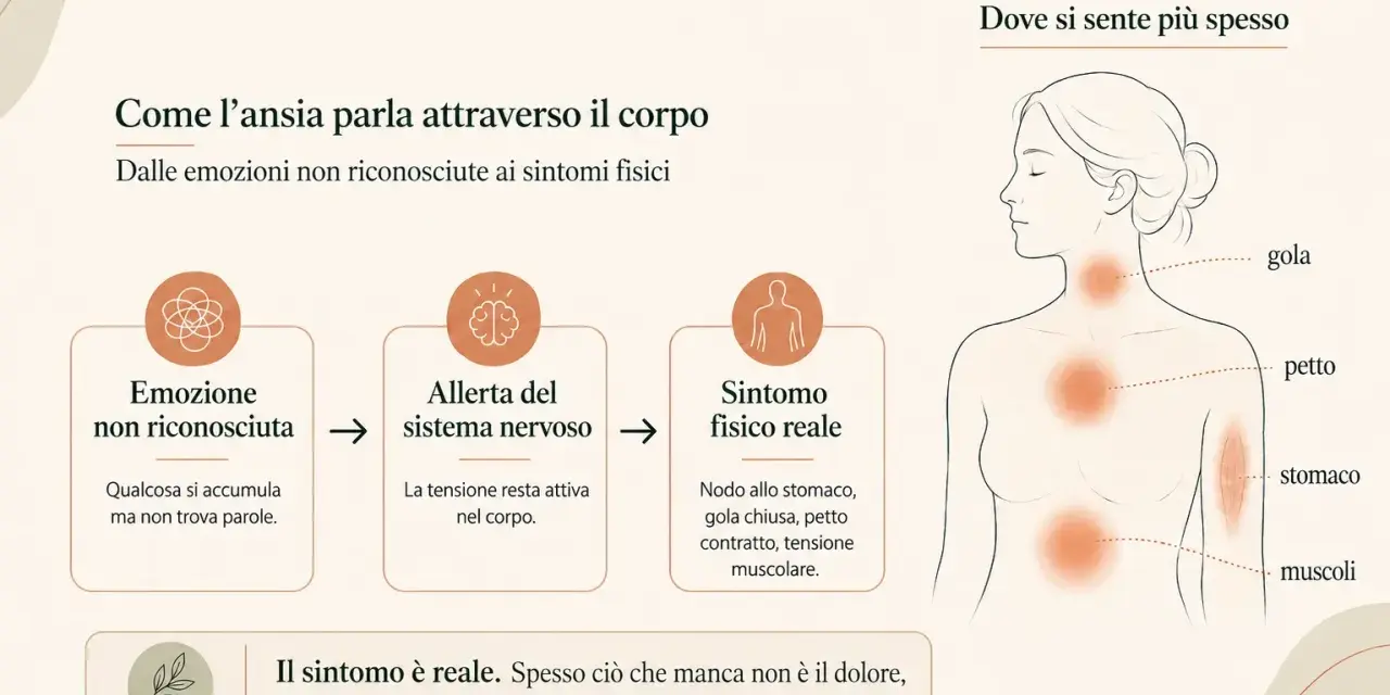 Il corpo manifesta la tensione nervosa con sintomi fisici: nodo allo stomaco, gola chiusa, petto contratto.