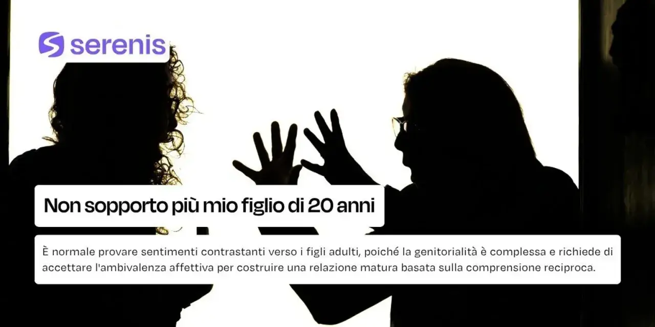 Silhouette di due persone, una con le mani alzate in segno di frustrazione. Testo: "Non sopporto più mio figlio di 20 anni".