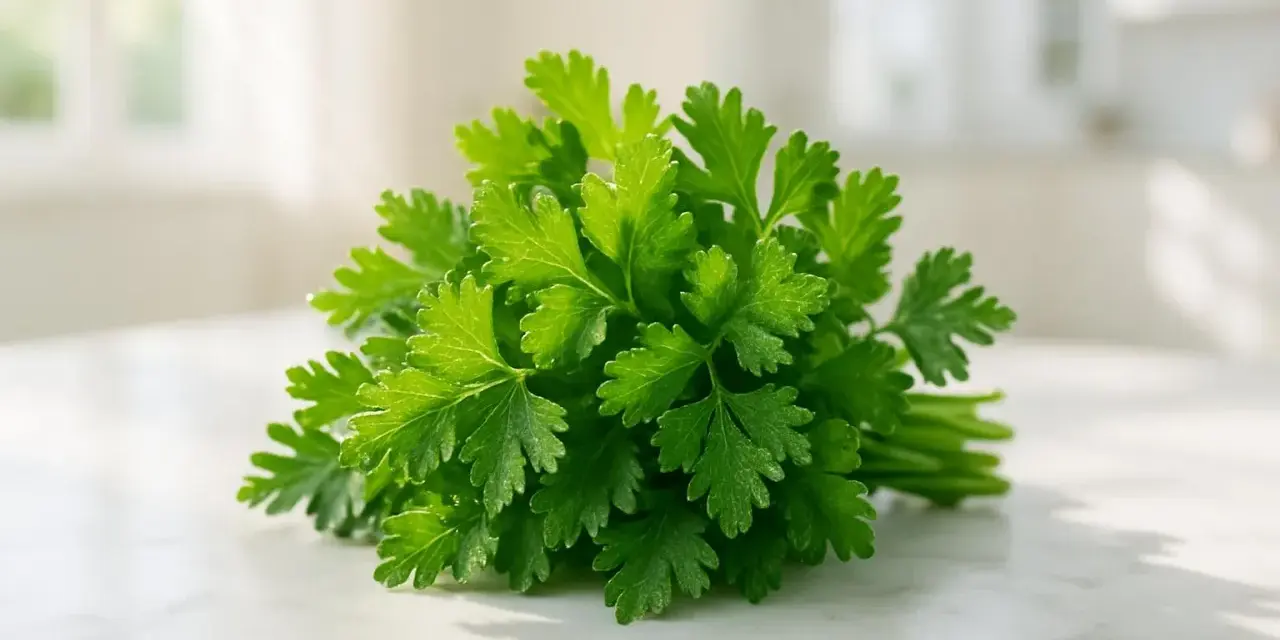 Un mazzetto di prezzemolo fresco e verde brillante, ideale per insaporire i piatti durante la gravidanza.
