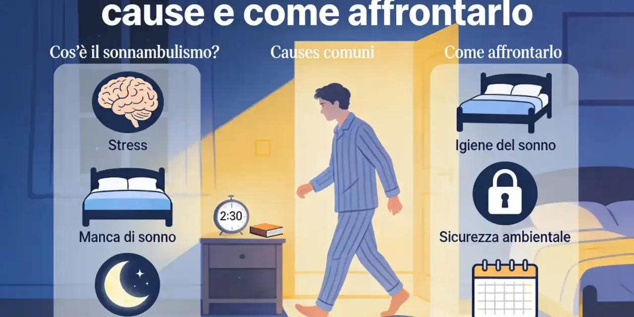 Il sonnambulismo può avere **cause psicologiche** come stress e mancanza di sonno. L'immagine illustra anche come affrontarlo con igiene del sonno e consulenza medica.