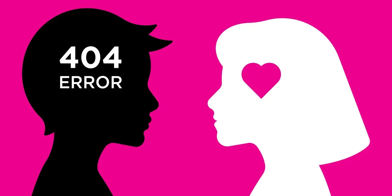 Silhouettes di una coppia. La testa dell'uomo è nera con "404 ERROR" scritto sopra. La testa della donna è bianca con un cuore rosa al posto dell'occhio. Sembra che mio marito non mi ami più.