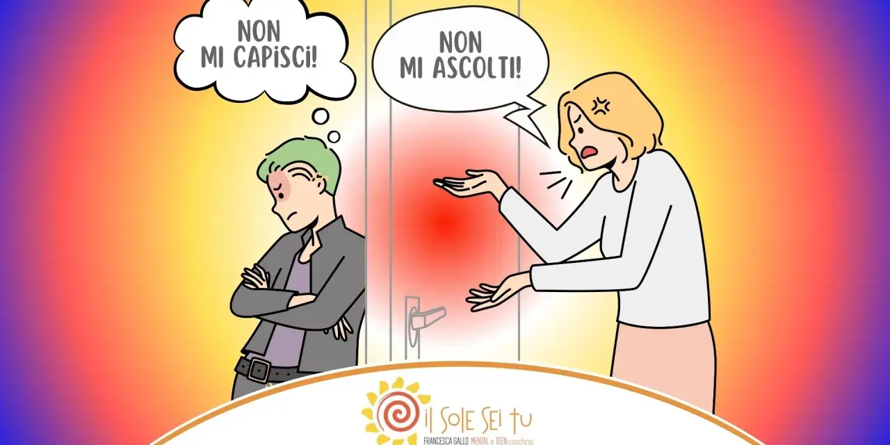 Mamma e figlio adolescente in conflitto: "Non mi capisci!" vs "Non mi ascolti!". Una scena comune su come affrontare l'adolescenza di un figlio maschio.