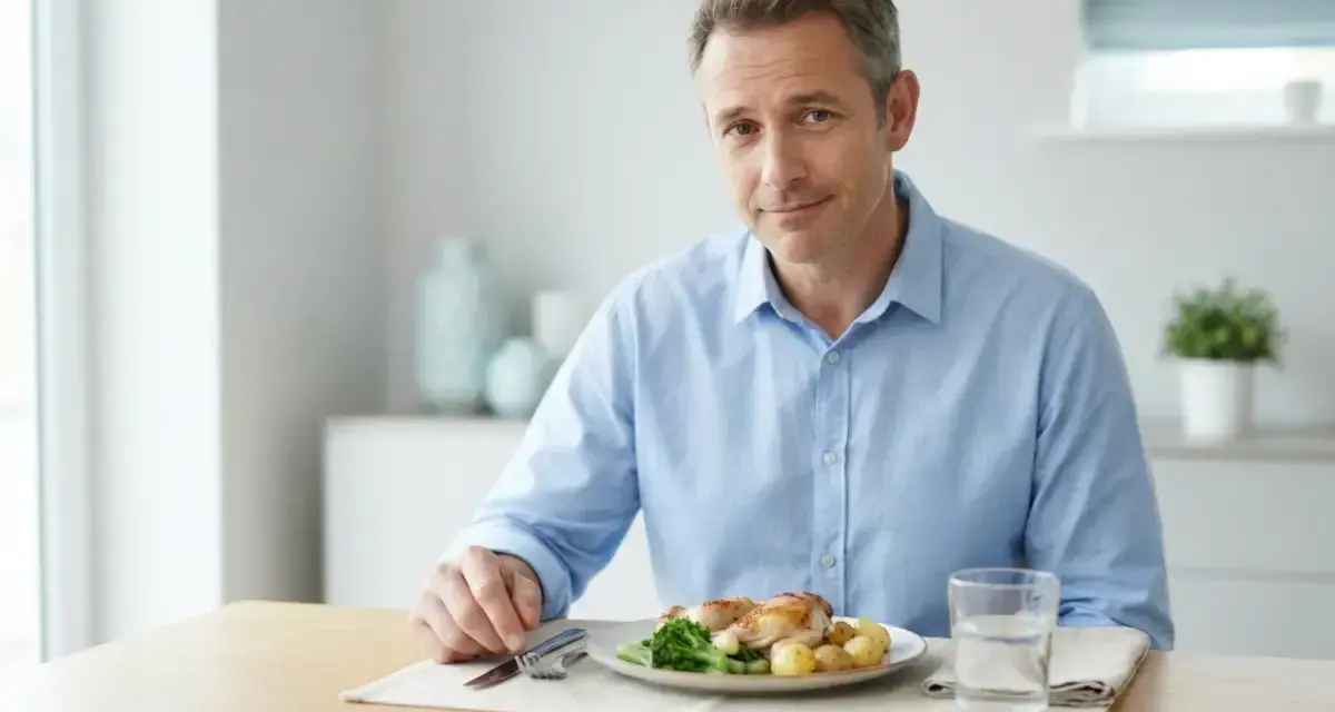 Uomo con piatto di pollo e patate, sguardo incerto, forse con paura di mangiare.