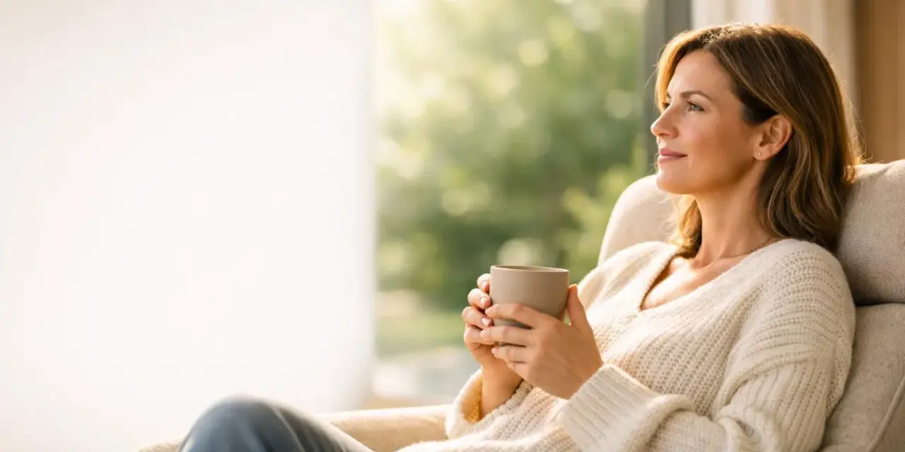 Donna con tazza, seduta in poltrona, guarda fuori dalla finestra. Vive in solitudine, godendosi un momento di pace.