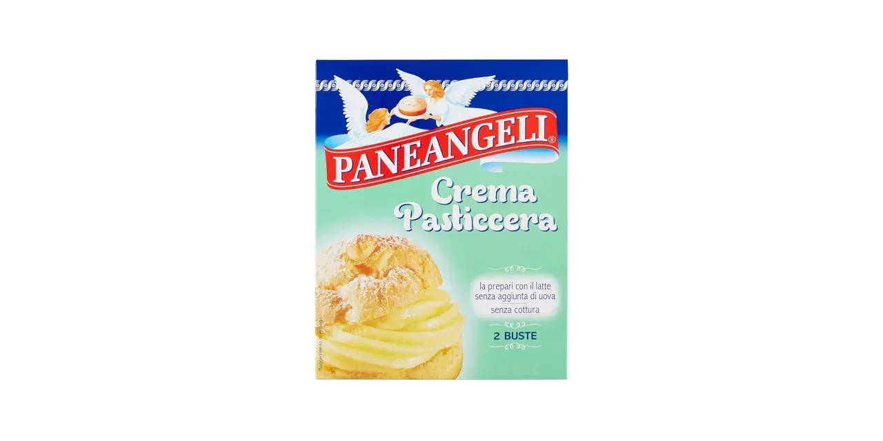 Scatola di crema pasticcera Paneangeli, ideale per dolci veloci, anche in gravidanza. Gustosa e facile da preparare.