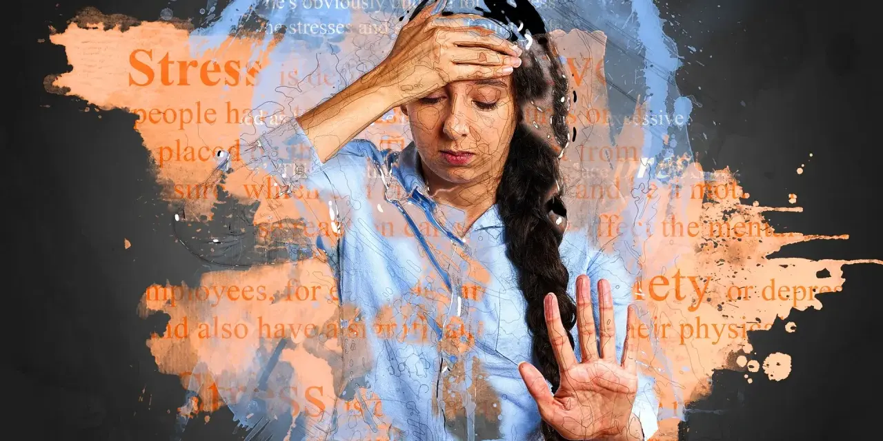 Donna con mano sulla fronte, circondata da parole come "stress" e "ansia", che suggeriscono esaurimento nervoso sintomi.