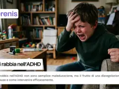 Bambino con ADHD in crisi di rabbia, manifestando disregolazione emotiva. Le esplosioni emotive sono comuni.