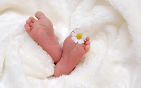 Piccoli piedini di neonato su soffice coperta bianca, con un fiore di margherita posato su un dito del piede. Il riflesso di Babinski è visibile.