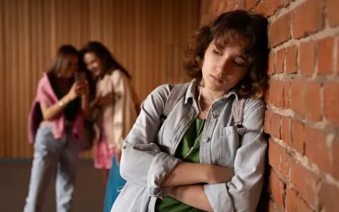 Ragazza sola appoggiata al muro, con cuffiette, mentre altre due amiche ridono in lontananza. Come aiutare mia figlia esclusa dalle amiche.