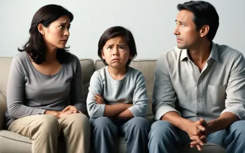 Bambino triste tra genitori separati, con cellulare in mano, che guarda in alto con espressione preoccupata.