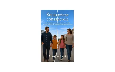 Copertina libro "Separazione consapevole": genitori separati con figli, che camminano tenendosi per mano, simboleggiando un nuovo equilibrio familiare.