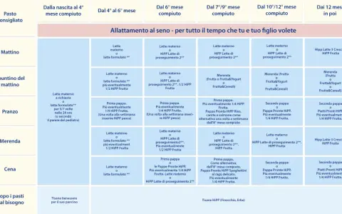 Schema alimentare per neonato 4 mesi: latte materno o formulato, pappe, frutta e yogurt.