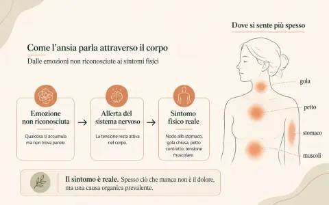Il corpo manifesta la tensione nervosa con sintomi fisici: nodo allo stomaco, gola chiusa, petto contratto.