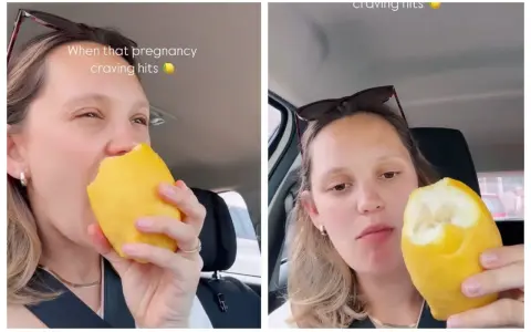 Donna incinta morde un limone intero, soddisfando una strana voglia.