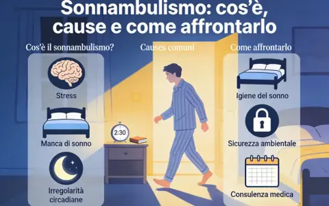 Il sonnambulismo può avere **cause psicologiche** come stress e mancanza di sonno. L'immagine illustra anche come affrontarlo con igiene del sonno e consulenza medica.