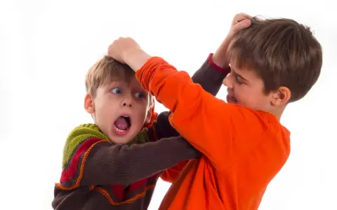 Due bambini che litigano, uno afferra i capelli dell'altro con espressione sorpresa e spaventata.
