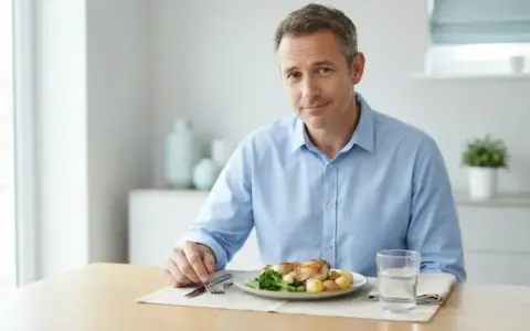 Uomo con piatto di pollo e patate, sguardo incerto, forse con paura di mangiare.