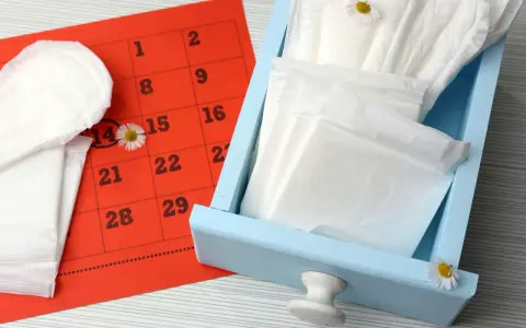 Calendario rosso con cerchiato il 14, assorbenti e fiori di campo. Nessun segno di sangue durante ovulazione incinta.