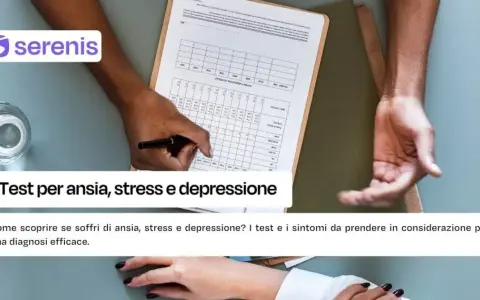 Test per ansia, stress e depressione. Un foglio con caselle e una mano che scrive, per valutare il proprio stato di benessere.