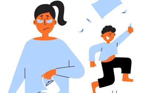 Mamma esausta con cerotti per gli occhi osserva un bambino iperattivo che gioca con le piume. Cosa fare?