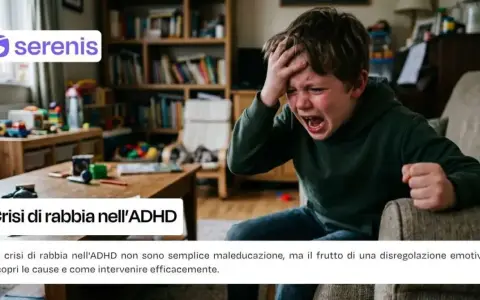 Bambino con ADHD in crisi di rabbia, manifestando disregolazione emotiva. Le esplosioni emotive sono comuni.