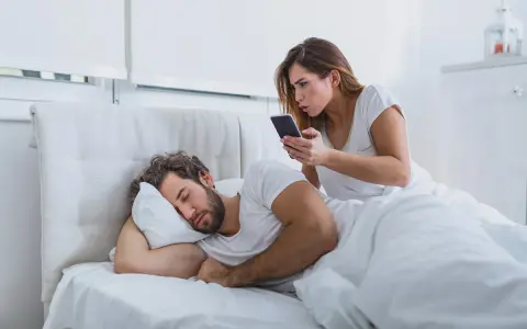Donna guarda il telefono con sorpresa mentre il marito dorme. Sembra che mio marito abbia sempre il telefono in mano, anche a letto!