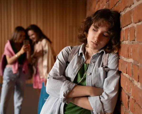 Ragazza sola appoggiata al muro, con cuffiette, mentre altre due amiche ridono in lontananza. Come aiutare mia figlia esclusa dalle amiche.
