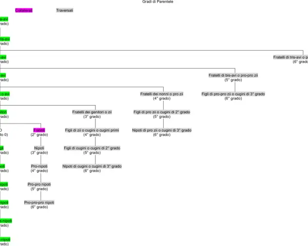 Diagramma che illustra i gradi di parentela: i cugini di secondo grado sono figli di zii o cugini primi, a 5° grado.