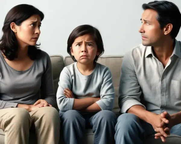 Bambino triste tra genitori separati, con cellulare in mano, che guarda in alto con espressione preoccupata.