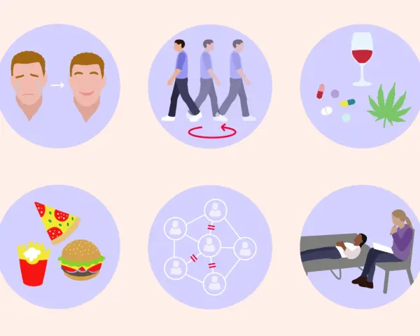 Illustrazione di un percorso di guarigione: da tristezza a felicità, da isolamento a connessione, da dipendenze a terapia. Un aiuto per chi lotta con il borderline.