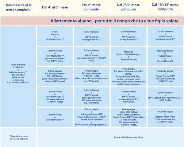 Schema alimentare per neonato 4 mesi: latte materno o formulato, pappe, frutta e yogurt.