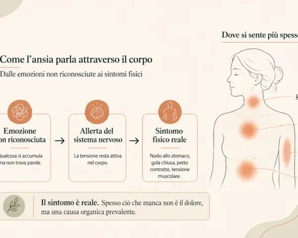 Il corpo manifesta la tensione nervosa con sintomi fisici: nodo allo stomaco, gola chiusa, petto contratto.