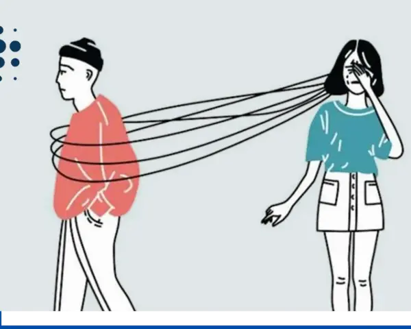 Una donna piange, legata a un uomo che si allontana. Le cause della dipendenza affettiva sono complesse.