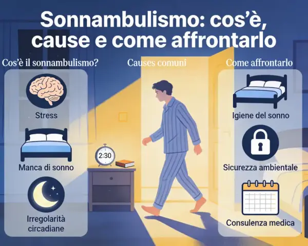 Il sonnambulismo può avere **cause psicologiche** come stress e mancanza di sonno. L'immagine illustra anche come affrontarlo con igiene del sonno e consulenza medica.