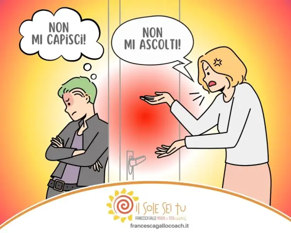 Mamma e figlio adolescente in conflitto: "Non mi capisci!" vs "Non mi ascolti!". Una scena comune su come affrontare l'adolescenza di un figlio maschio.