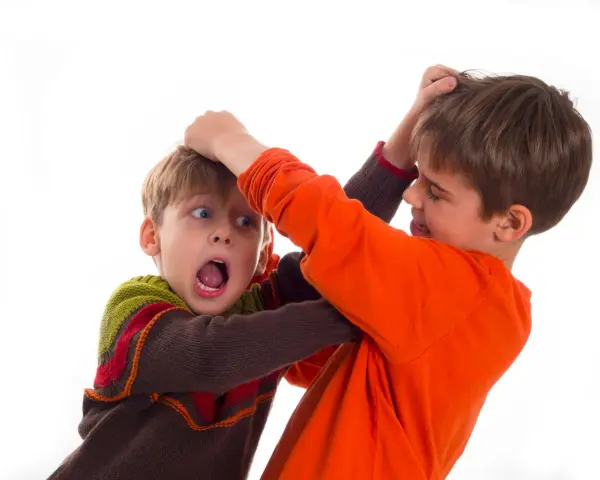 Due bambini che litigano, uno afferra i capelli dell'altro con espressione sorpresa e spaventata.