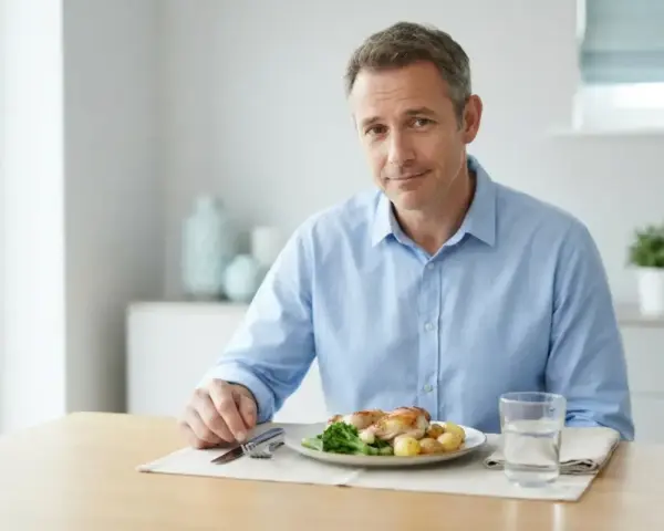 Uomo con piatto di pollo e patate, sguardo incerto, forse con paura di mangiare.