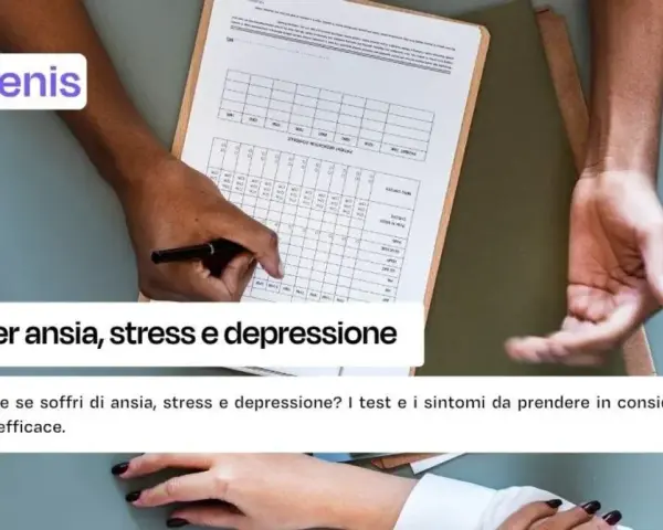 Test per ansia, stress e depressione. Un foglio con caselle e una mano che scrive, per valutare il proprio stato di benessere.