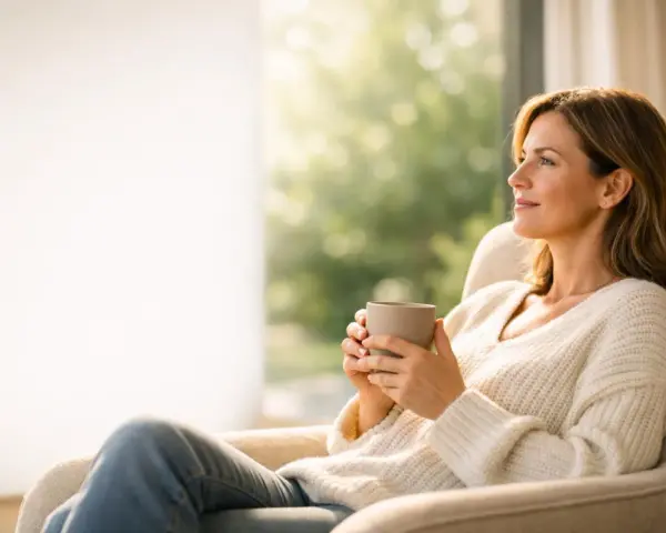 Donna con tazza, seduta in poltrona, guarda fuori dalla finestra. Vive in solitudine, godendosi un momento di pace.