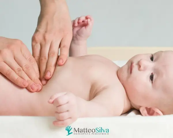 Mani che massaggiano la pancia di un neonato, forse per alleviare coliche o cacca acida. Un momento di cura per i più piccoli.