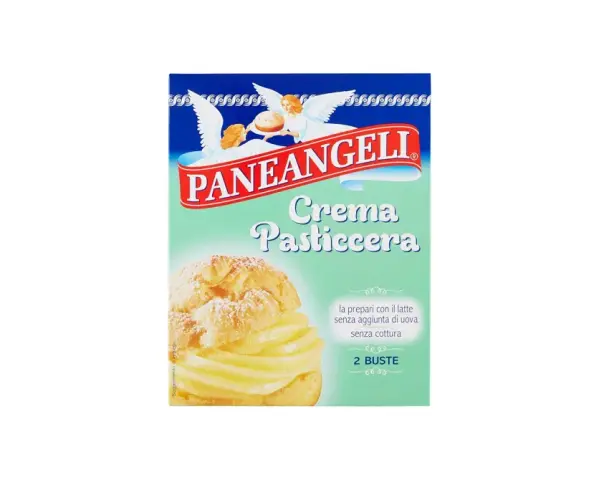 Scatola di crema pasticcera Paneangeli, ideale per dolci veloci, anche in gravidanza. Gustosa e facile da preparare.