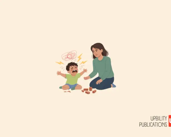 Bambino di 7 anni con disturbi comportamentali urla e piange, mentre la madre cerca di calmarlo.